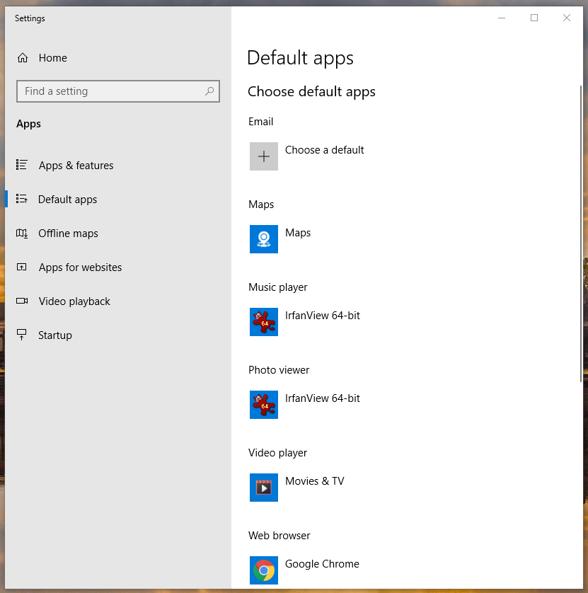 Set app defaults on Windows 10